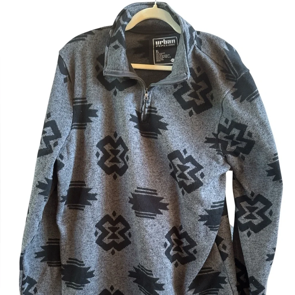 Urban Pipeline New Men’s Sz XL 2/4 Zip‎ Gray Black Aztec Design Pullover Sweater